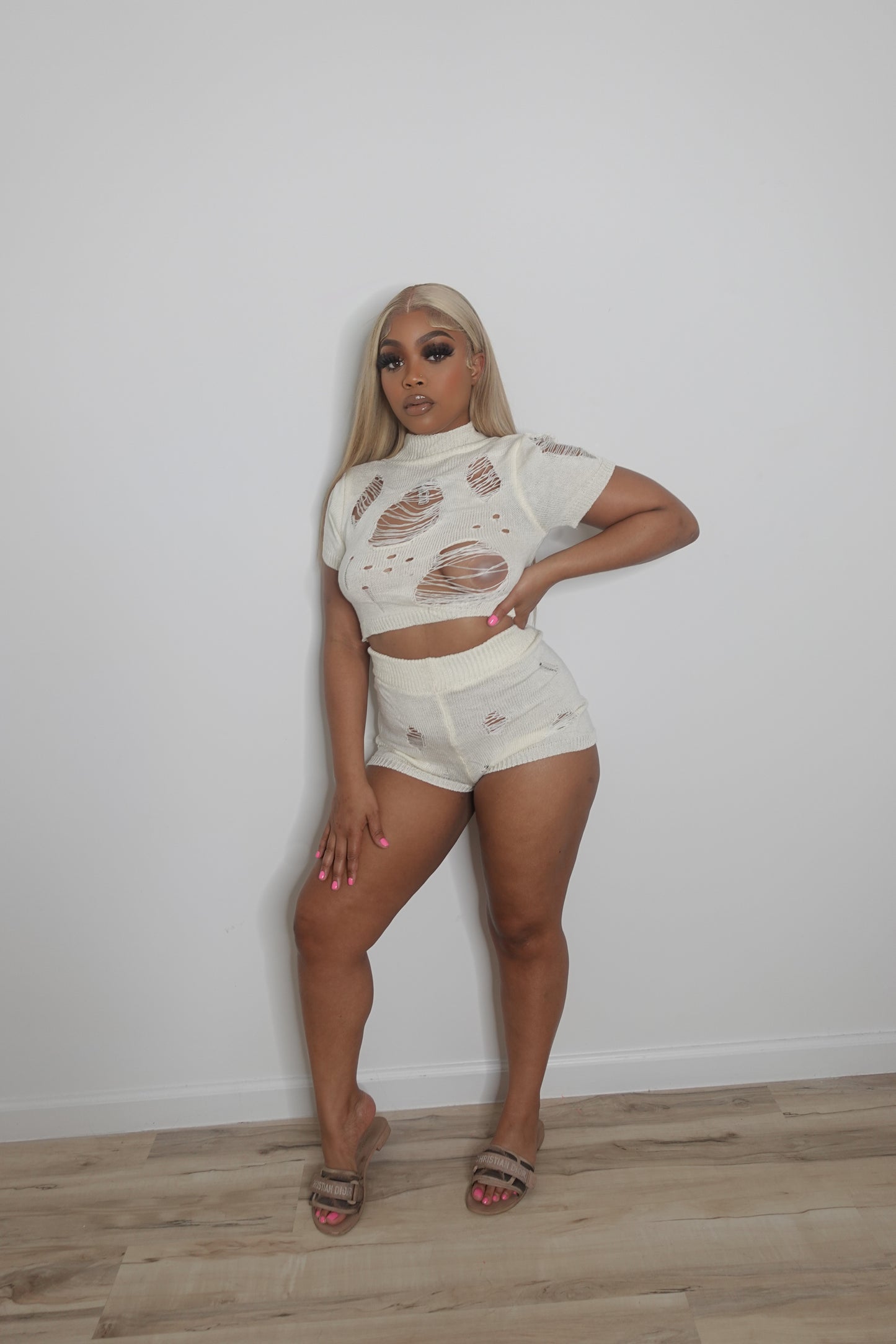 Distressed Short Set - WHITE