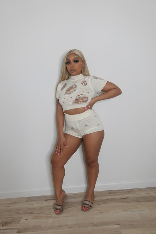 Distressed Short Set - WHITE
